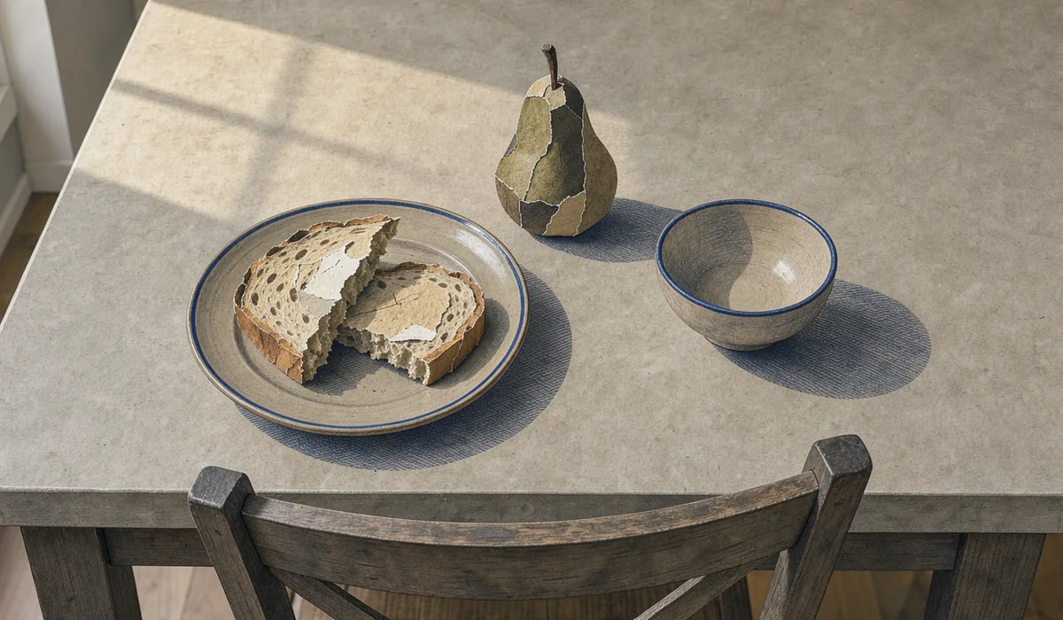 Paper-collage plate of bread and a pear beside a small bowl