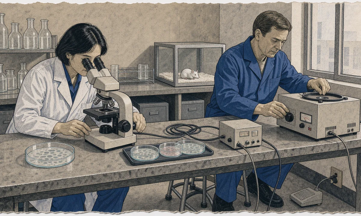 Two illustrated technicians working with a microscope and a benchtop instrument