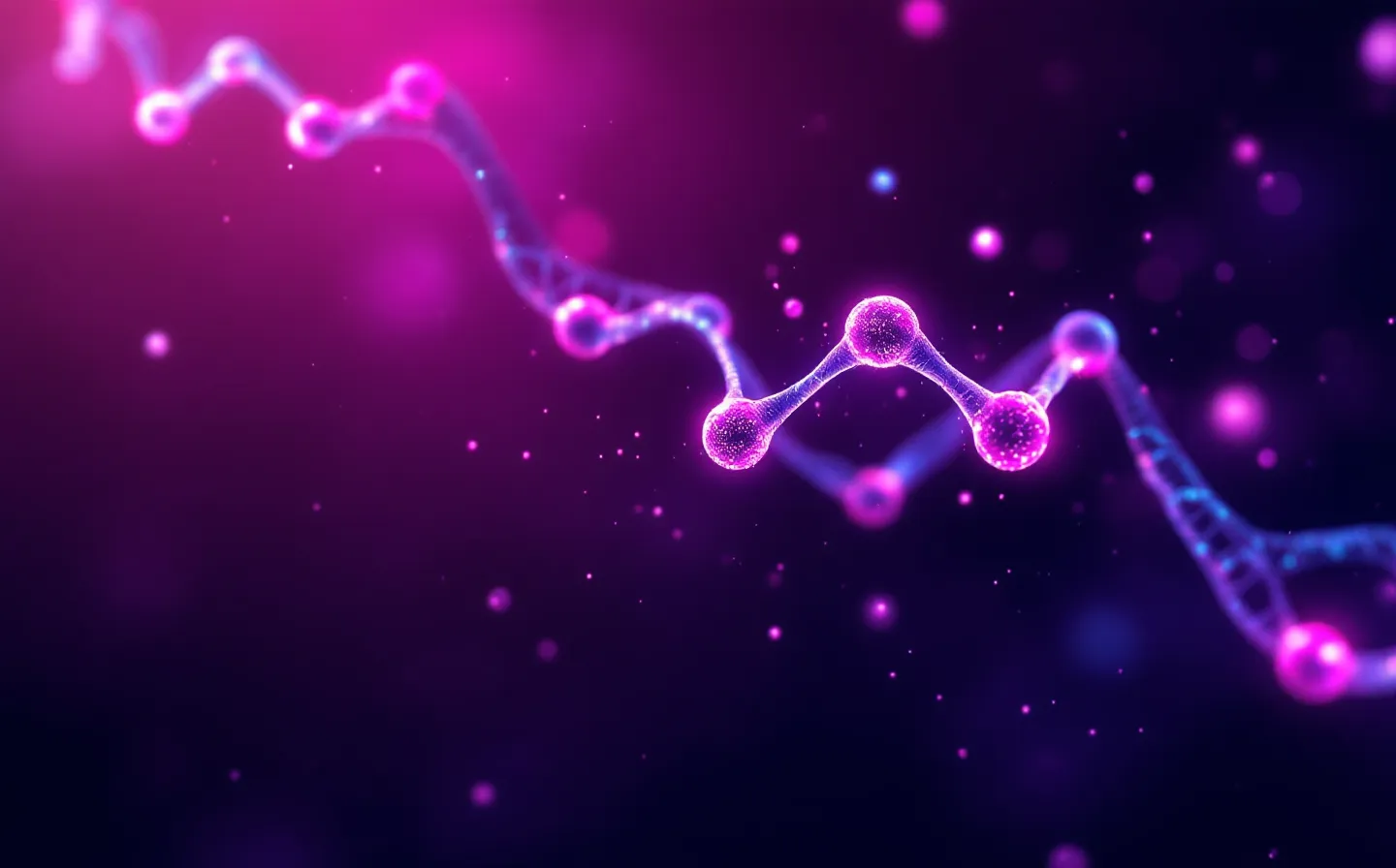 Abstract glowing five-node peptide chain on a dark cosmic-rose field