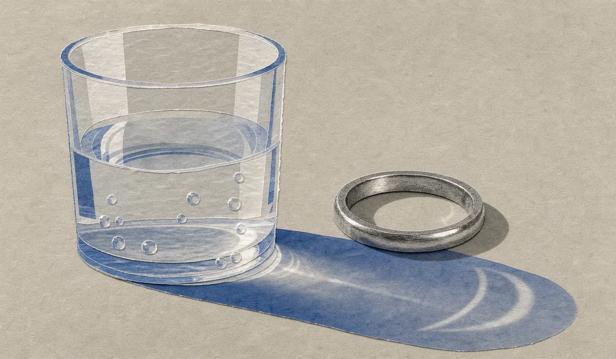 A metal ring beside a water glass casting a blue shadow